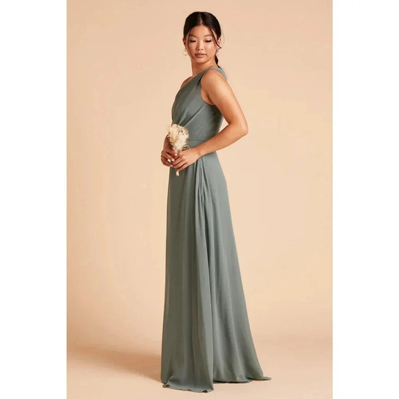 NWT Birdy Grey Kira Maxi Dress One Shoulder High Slit Side Pocket Sea Glass L - Picture 4 of 12